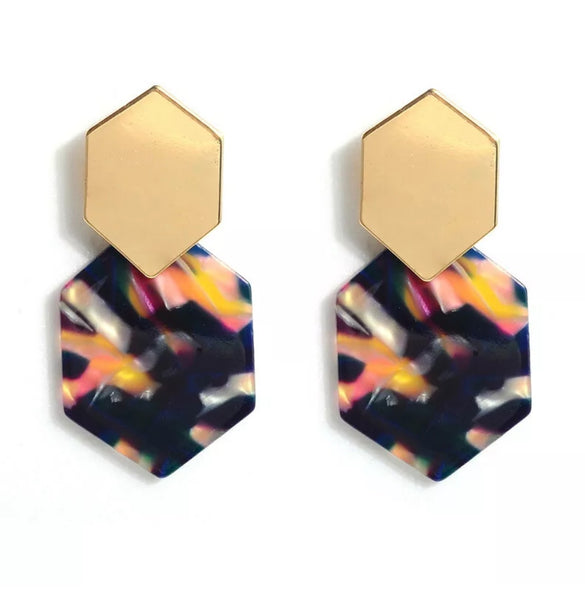 8995 Earrings Gold & Marble Resin in Purple Hue