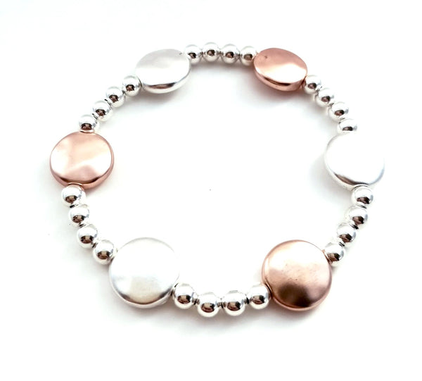 9011-1 Bracelet Silver Rose Gold Discs Stretch