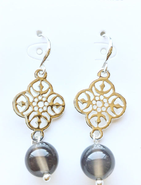 9015-3 Earrings Rose Gold Filigree Grey Agate
