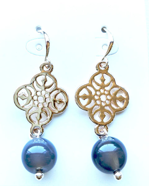 9015-4 Earrings Silver Filigree with Grey Agate
