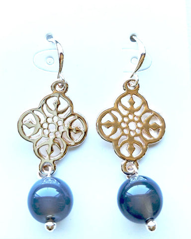 9015-4 Earrings Silver Filigree with Grey Agate