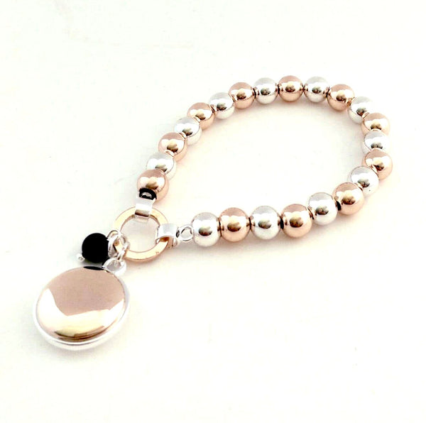 9021-6 Bracelet Rose Gold Silver Disc Black Agate Bead