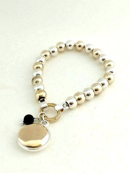 9021-8 Bracelet Gold Silver Disc Black Agate Bead
