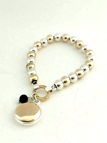 9021-8 Bracelet Gold Silver Disc Black Agate Bead
