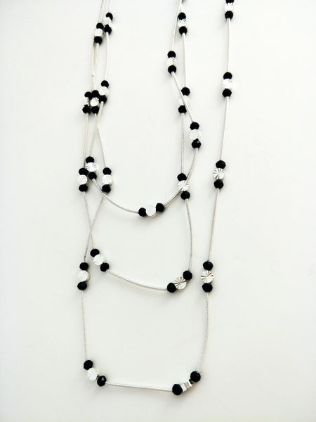 9032 Necklace Silver Blacl Crystal 3 Strands
