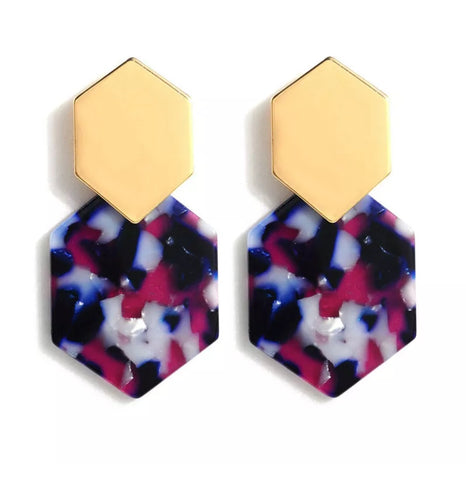8995-4 Earrings Gold & Marble Resin in Blue/Purple Hue