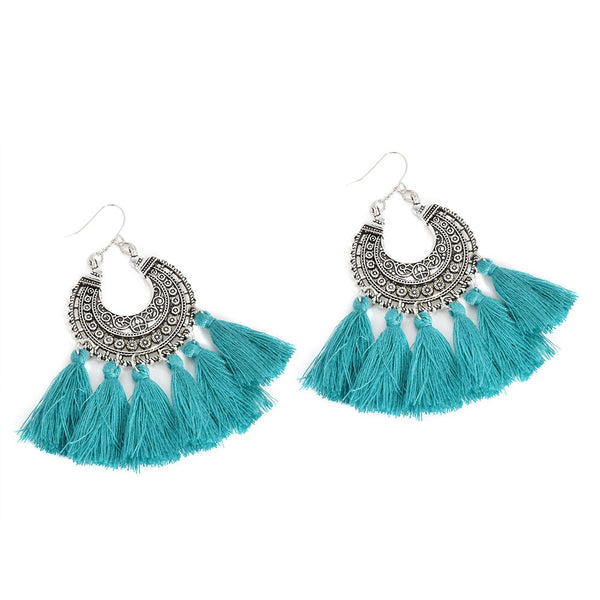 9000-2 Earrings Boho Cotton Tassel Turquoise
