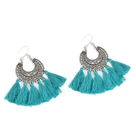 9000-2 Earrings Boho Cotton Tassel Turquoise