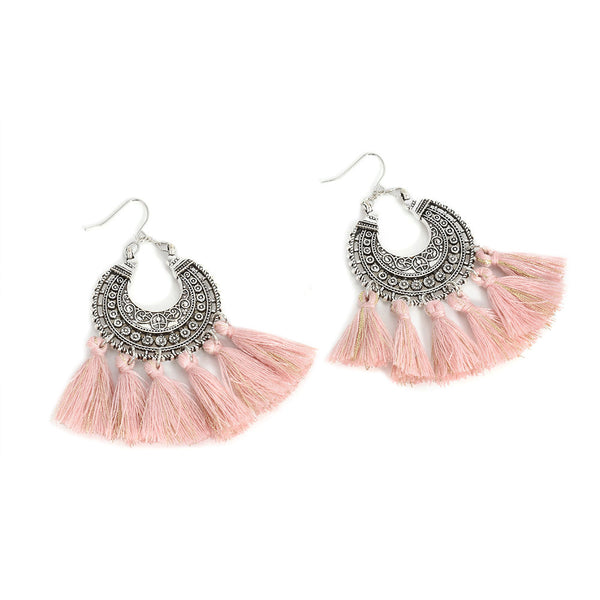 9000-3 Earrings Boho Cotton Tassel Pink